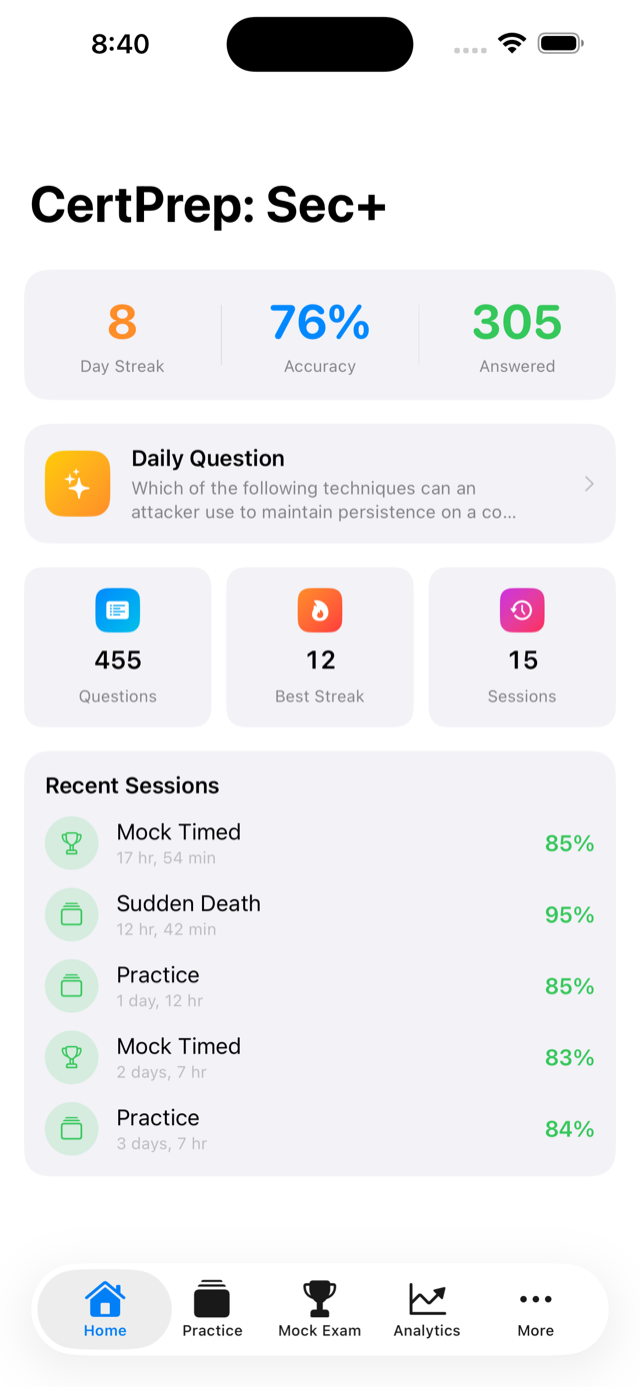 CertPrep: Cybersecurity home screen with study modes and streak counter