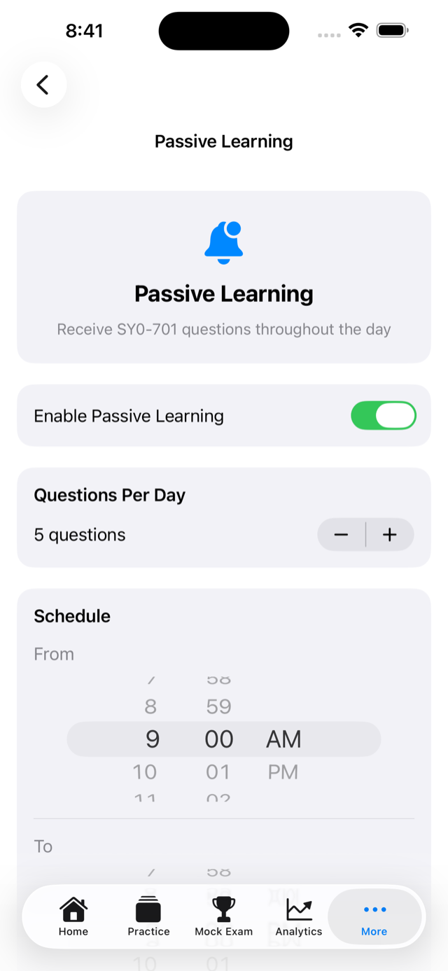 Passive learning notification settings screen