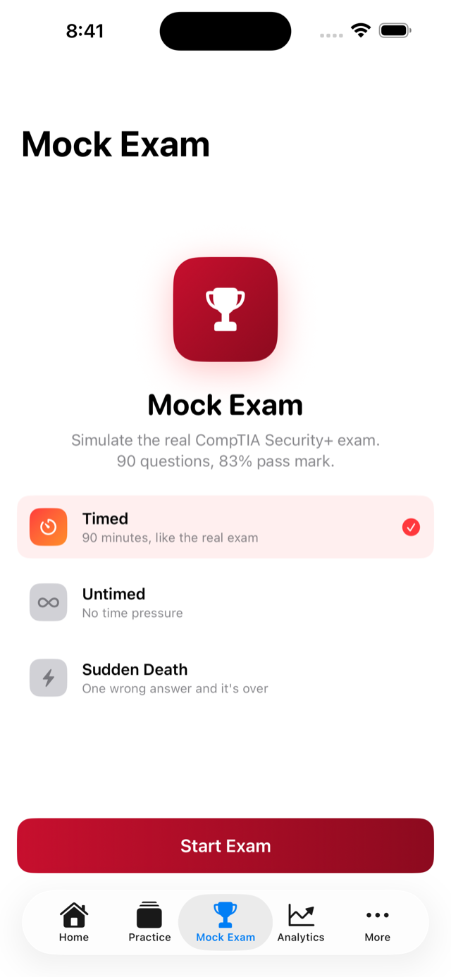 Mock exam screen simulating the real Security+ 90-question format