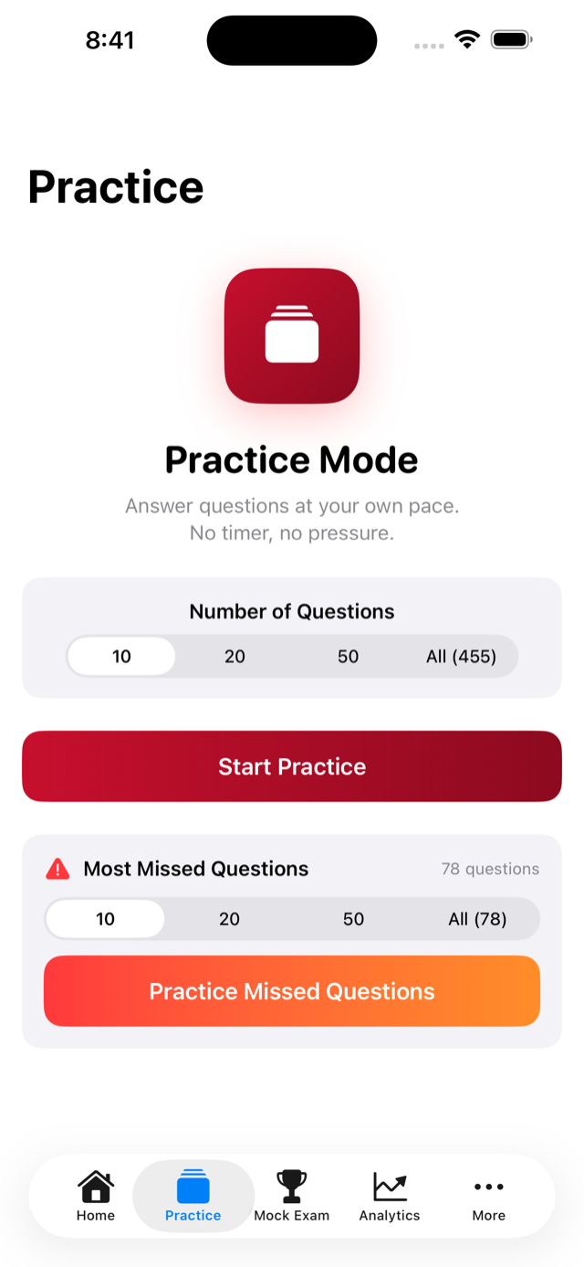 Practice mode screen showing multiple choice question with progress indicator
